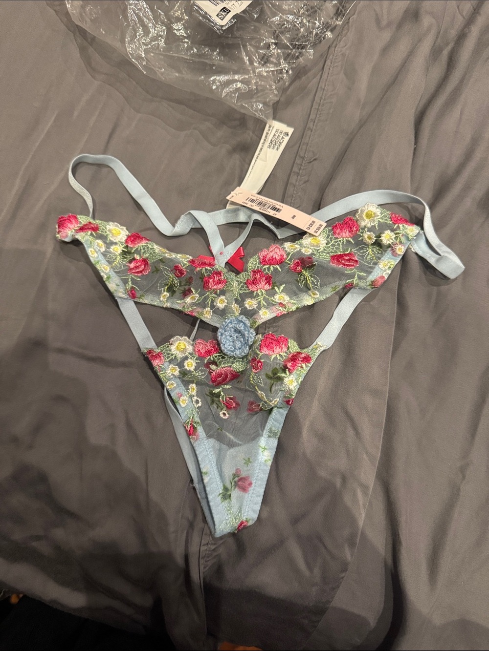 For Love and Lemons 🍋 Light Blue Floral Embroidered Lace Thong - Women